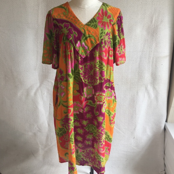 Vintage 90s Mumu 70s Dress Tropical Print Cotton - Picture 8 of 8